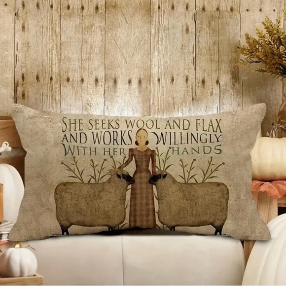 Other - Primitive Folk Art Woman with Sheep "She Seeks Wool & Flax" Pillow Case 20x12